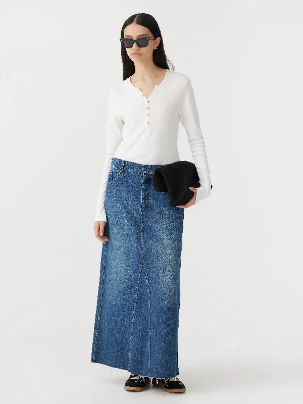 maxi panelled denim skirt