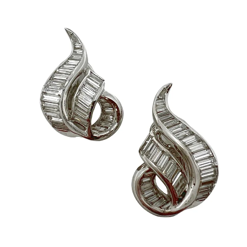 Platinum and 14K White Gold Swirl Earclips with 62 Baguette Diamonds