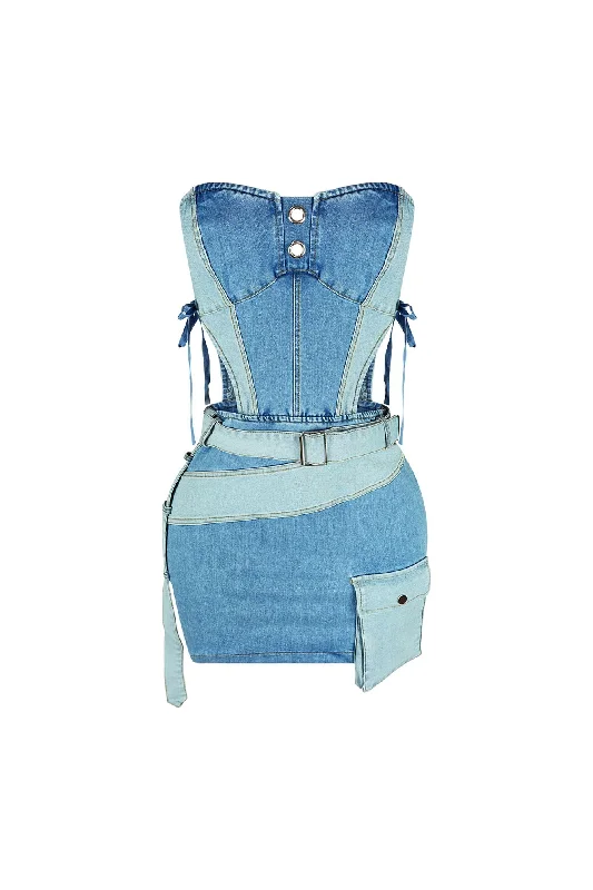 Tension Denim Color Block Strapless Dress