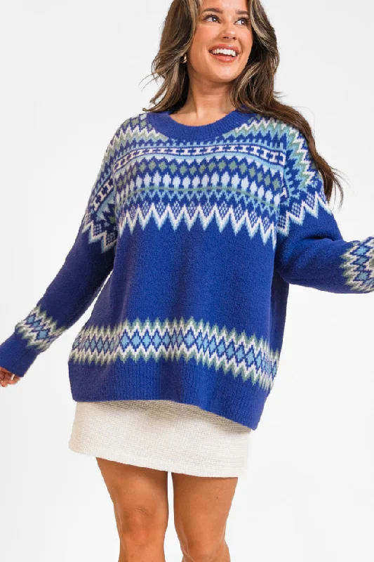 Bundled Up Navy Oversized Fuzzy Fair Isle Sweater FINAL SALE