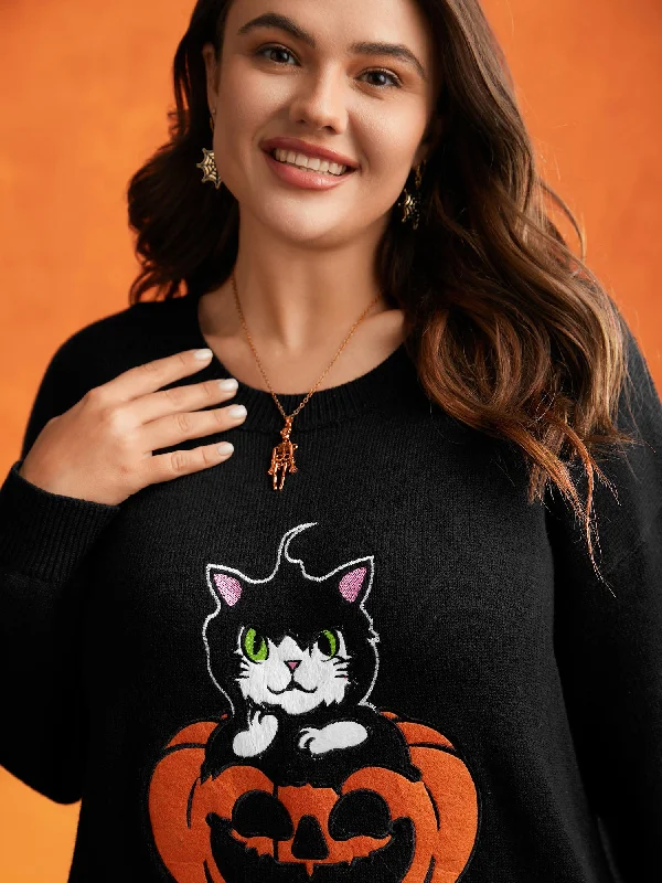 Embroidered Cat In Pumpkin Crew Neck Pullover