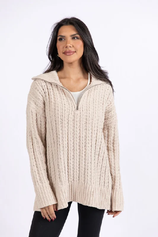 Forever Yours Beige Cable Knit Chenille Quarter Zip Sweater FINAL SALE