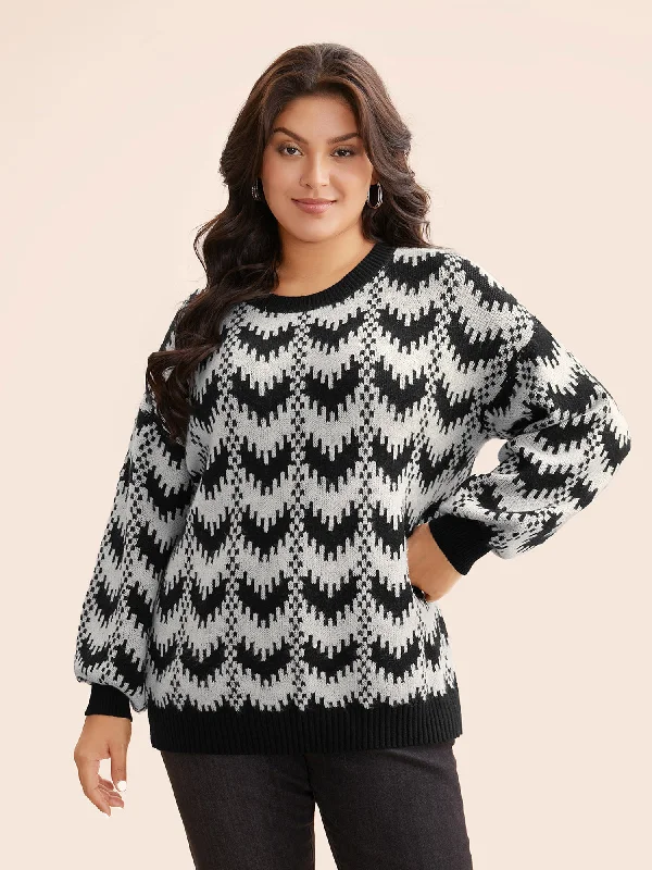 Geometric Jacquard Drop Shoulder Sleeve Pullover