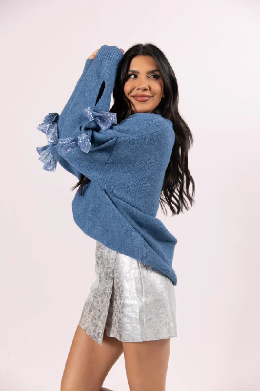 Glad tidings Blue Shimmer Bow Sleeve V-neck Sweater FINAL SALE