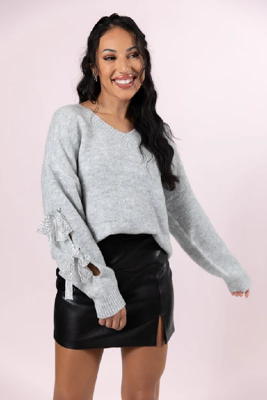 Glad Tidings Grey Shimmer Bow Sleeve V-neck Sweater FINAL SALE