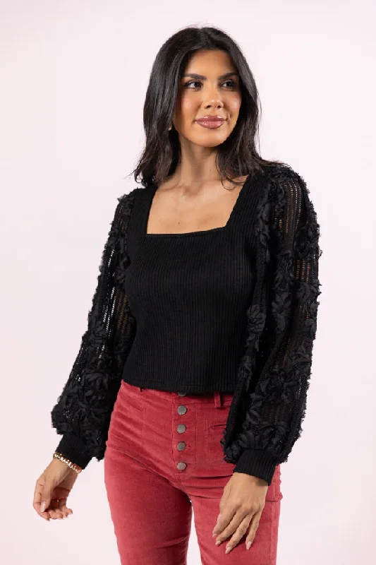 Put It On Ice Black Textured Sleeve Square Neck Sweater FINAL SALE