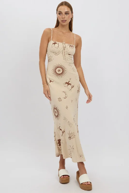 Beige Abstract Midi Dress Strappy