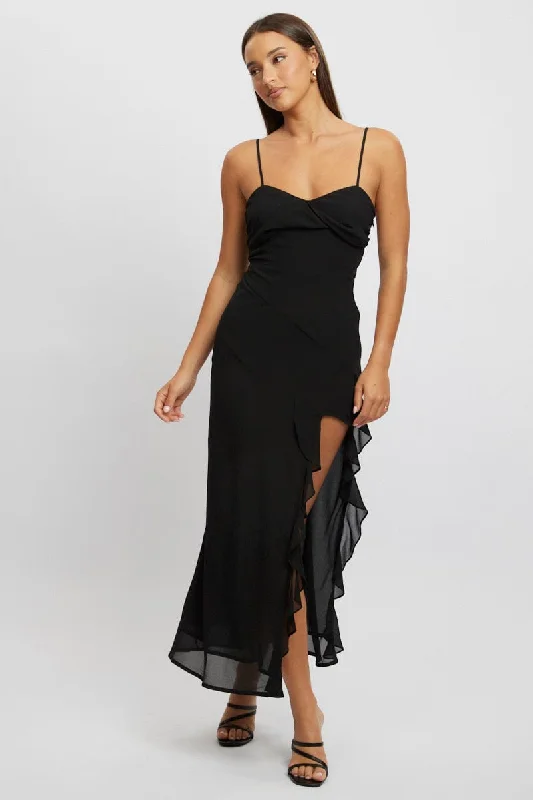 Black Bodycon Dress Maxi Ruffle Slit Chiffon