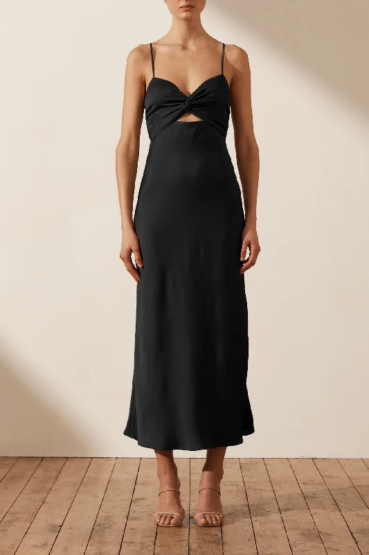 LUXE TWIST FRONT SLEEVELESS MIDI DRESS - ONYX