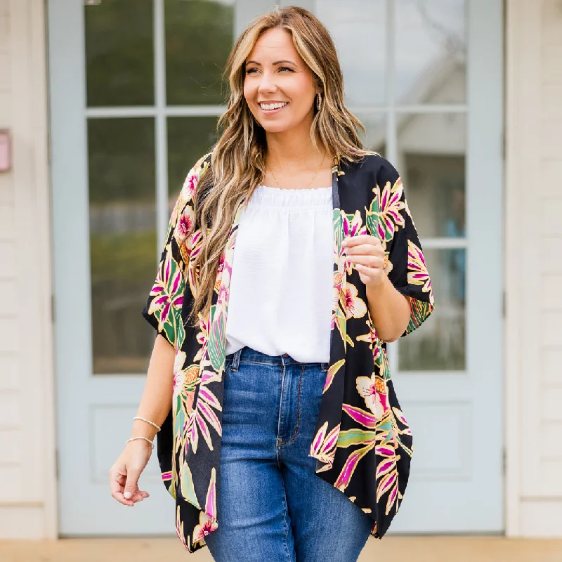 Island Breeze Kimono, Black Floral