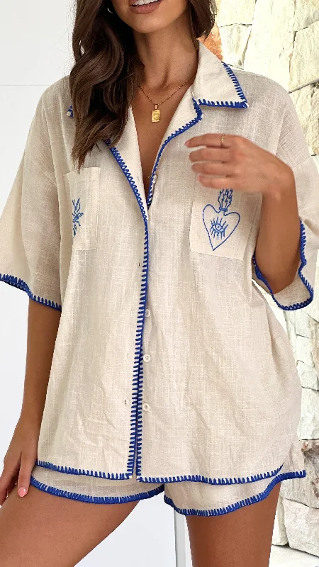 Mulani Button Up Shirt and Shorts Set - Beige/Blue