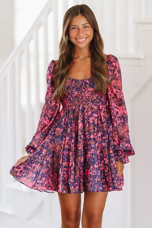 All Right With Me Mini Dress - Navy, Brown and Fuchsia