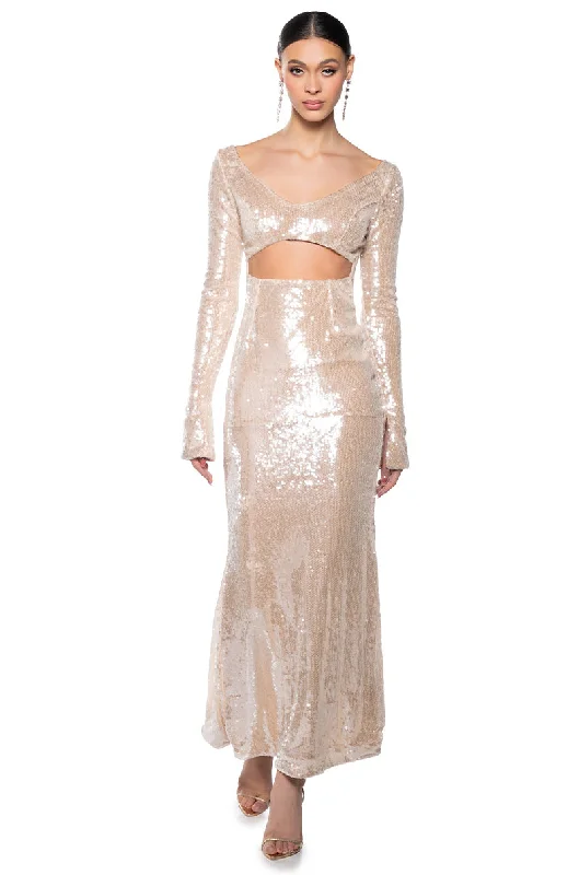 CHIC AND CLASSY CUT OUT SEQUIN MAXI DRESS