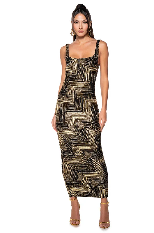 GEO METALLIC SQUARE NECK MAXI DRESS