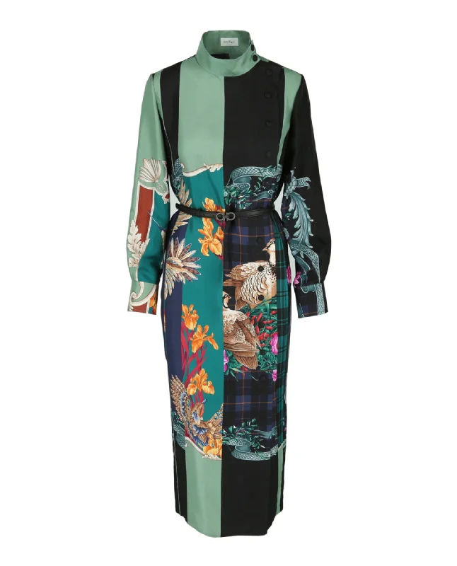 Mandarin Collar Maxi Silk Dress