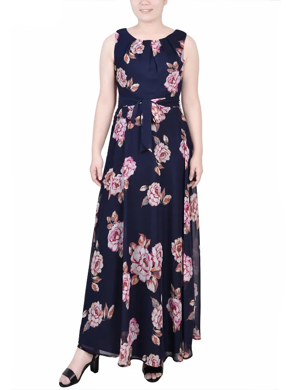 Petites Womens Chiffon Floral Maxi Dress