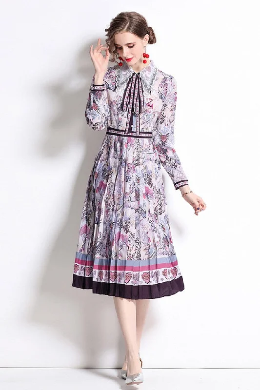 Purple & Print Day A-line Peter Pan Collar Long Sleeve Midi Pleated Dress