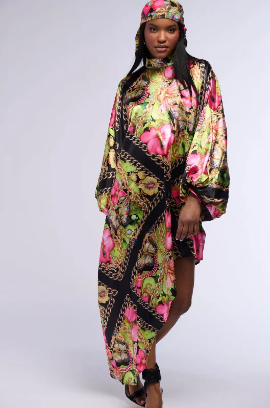 TROPICAL VACATION PRINT SATIN MAXI DRESS IN GREEN MULTI