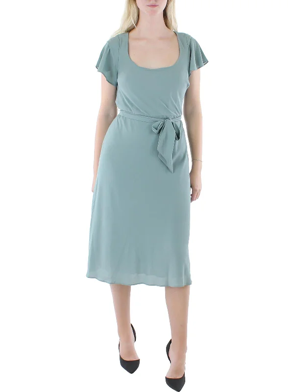 Womens Belted Calf Midi Dress