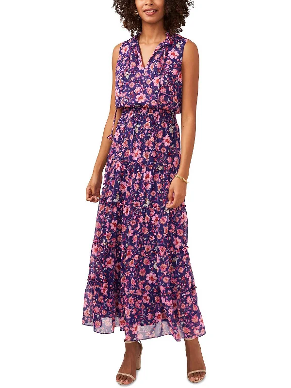 Womens Floral Print Smocked Maxi Dress