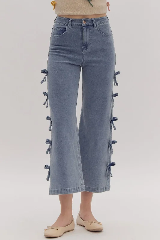 Bow Trimmed Blue Denim Pants