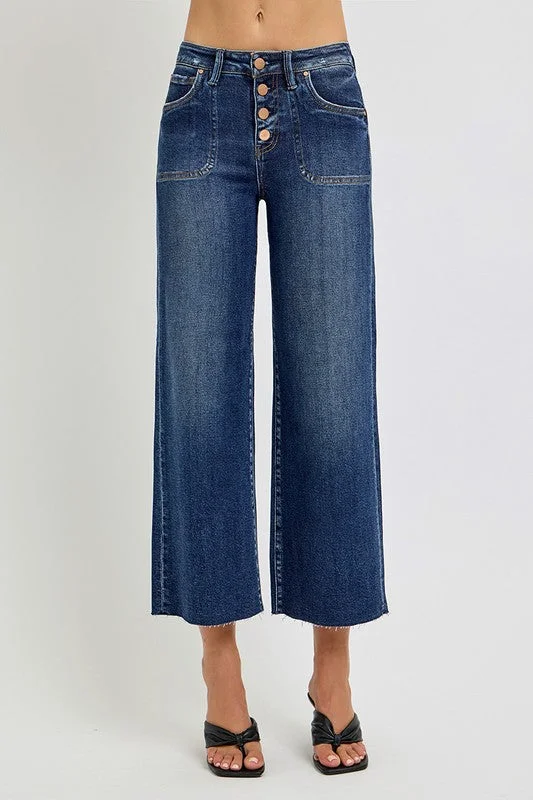 Button Fly Wide Leg Dark Jeans