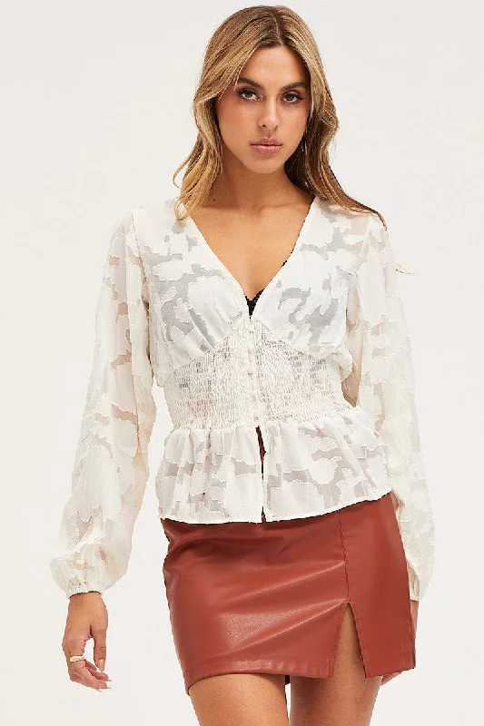 Beige Peplum Top Long Sleeve V-Neck