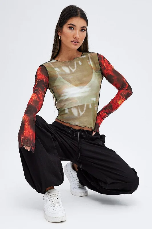 Multi Abstract Top Crew Neck Mesh Contrast Print Long Sleeves